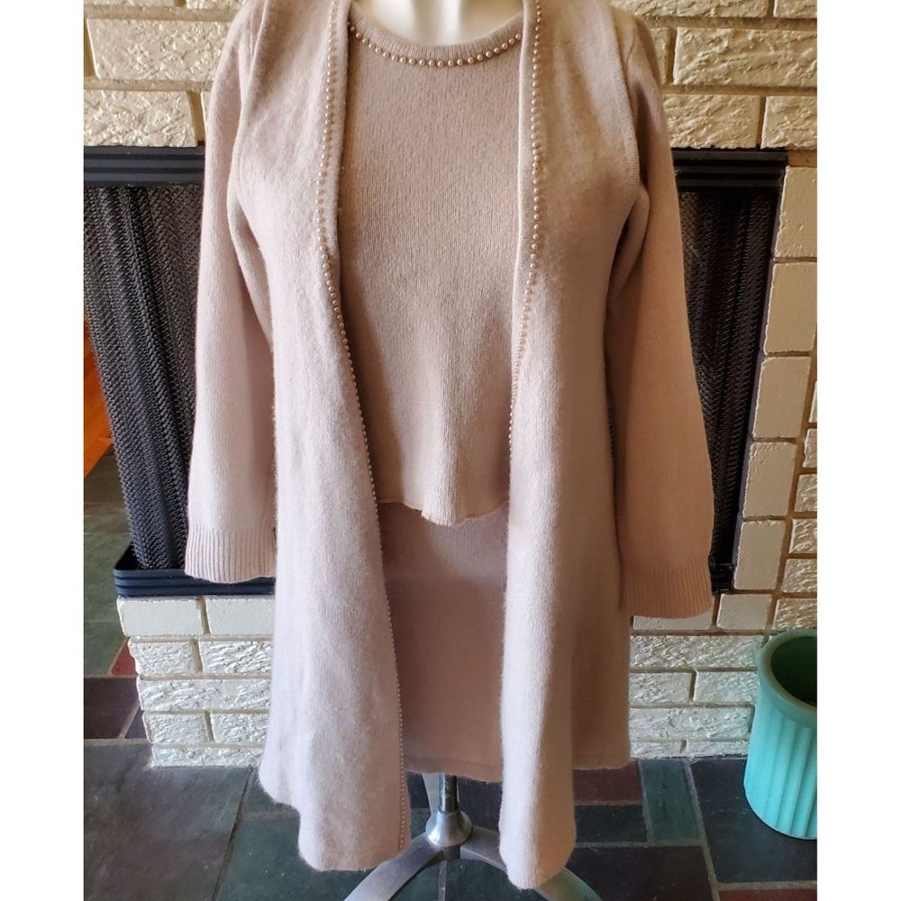 Madeline Vintage Blush colored knit wool/Angora Beaded 3 piece Skirt outfit XS/S